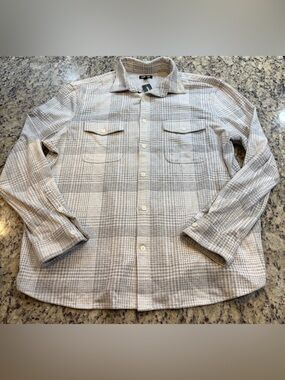 Express Men's Casual Button Down Shirt Cream and Light Gray Plaid